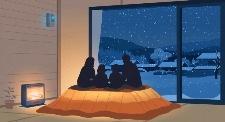 雪の降る冬の夜、こたつで暖を取る家族のイラスト