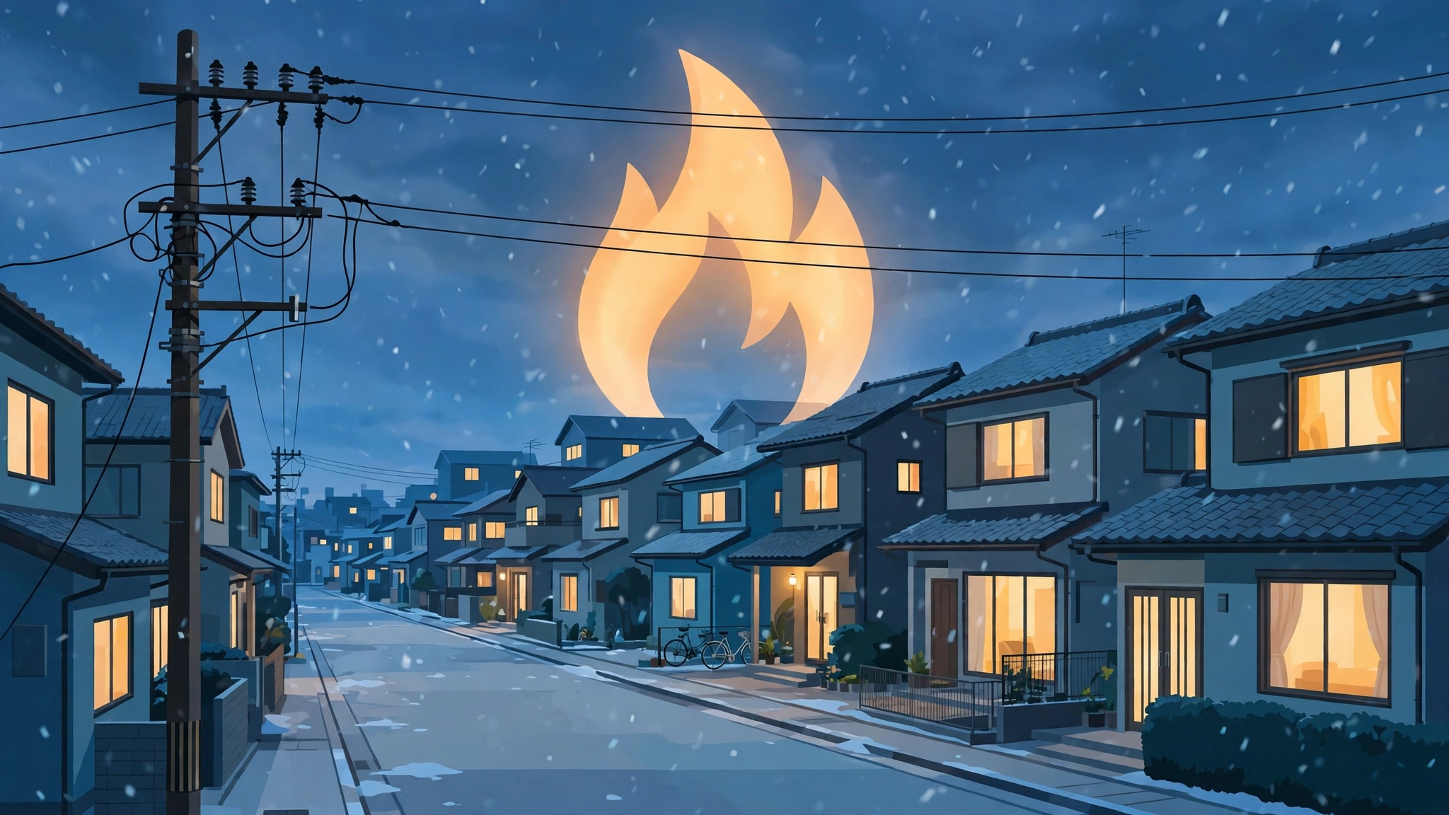 冬の夕暮れに灯りがともる住宅街のイラスト