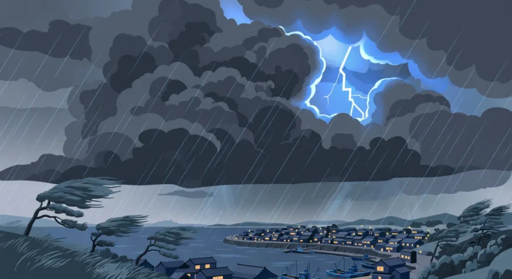 日本の沿岸の町に迫る暗い積乱雲と雷のイラスト