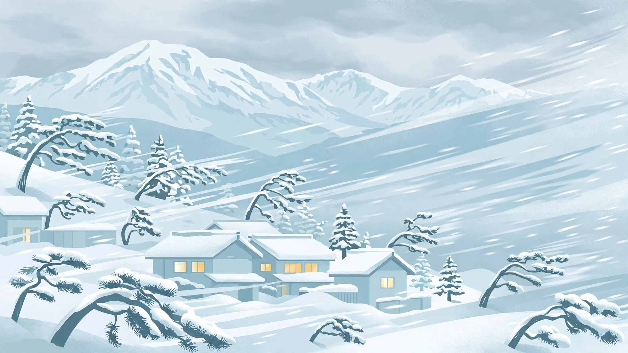 雪に覆われた北日本の町と吹雪のイラスト