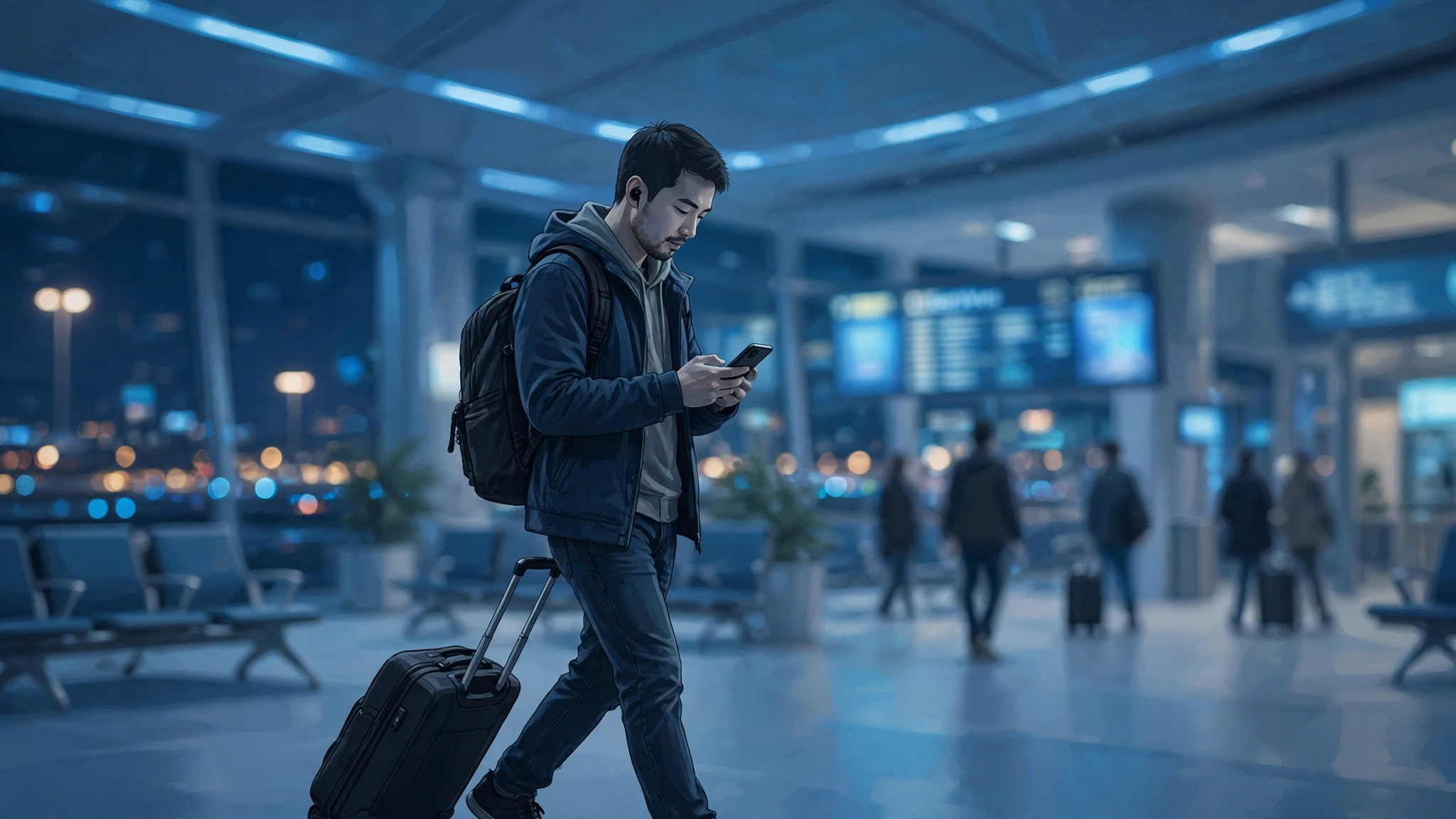夜の空港ターミナルでスマートフォンを確認する旅行者のイラスト