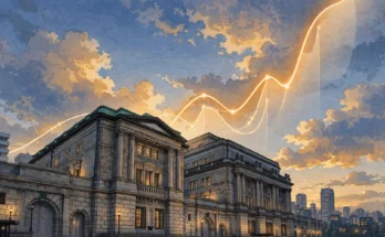 夕暮れの日銀本店と上昇する物価を示す折れ線グラフのイラスト
