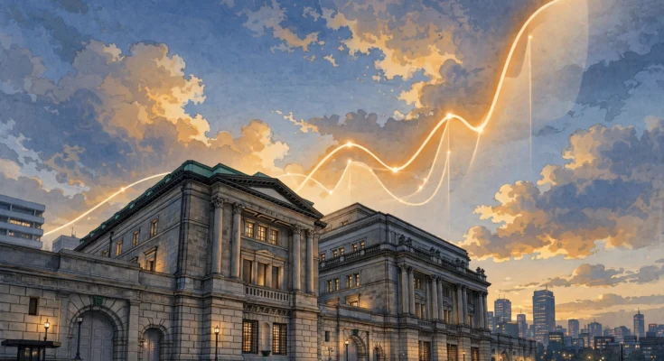 夕暮れの日銀本店と上昇する物価を示す折れ線グラフのイラスト
