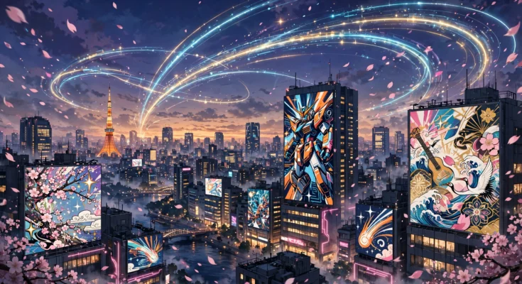 日本のアニメ産業の成長をイメージした夕暮れの東京のイラスト