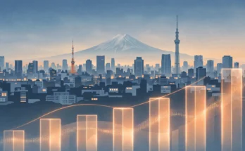 東京の街並みと上昇する物価を表すグラフのイラスト