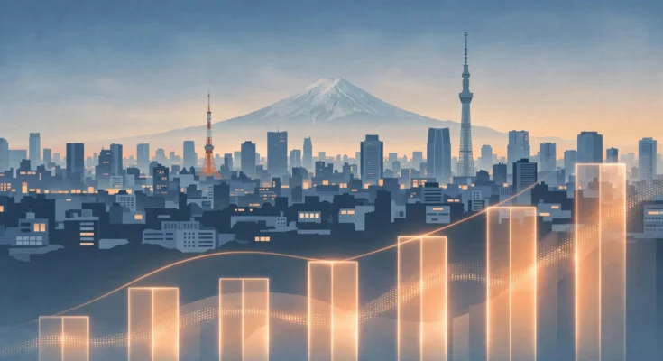 東京の街並みと上昇する物価を表すグラフのイラスト