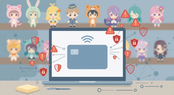 オンラインショップの不正アクセスとクレジットカード情報漏えいを描いたイラスト