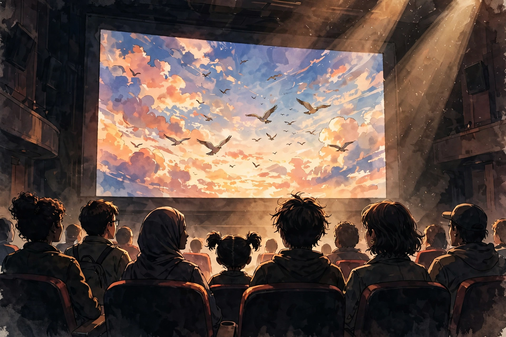 映画館でアニメ映画を楽しむ観客のシルエット
