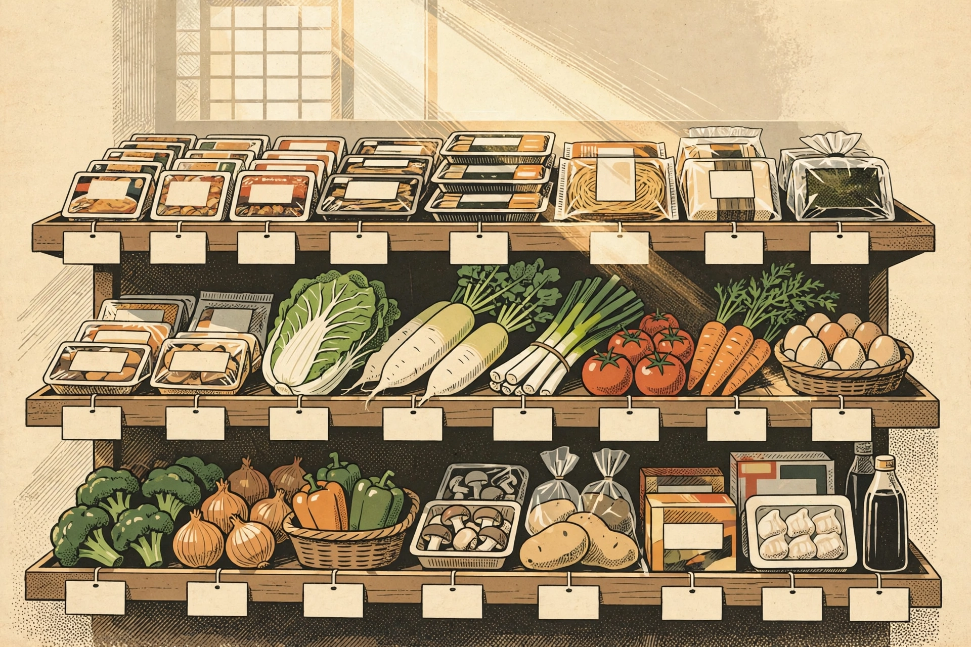 値上げが続くスーパーの食品売り場のイラスト