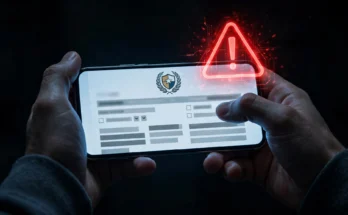 偽の警察サイトを表示するスマートフォンと警告マークのイメージ