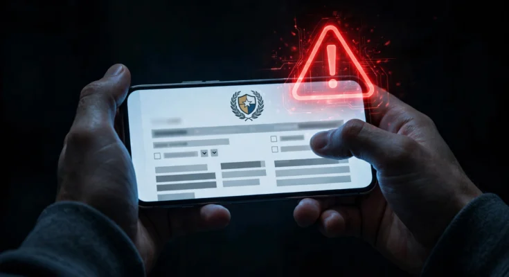 偽の警察サイトを表示するスマートフォンと警告マークのイメージ