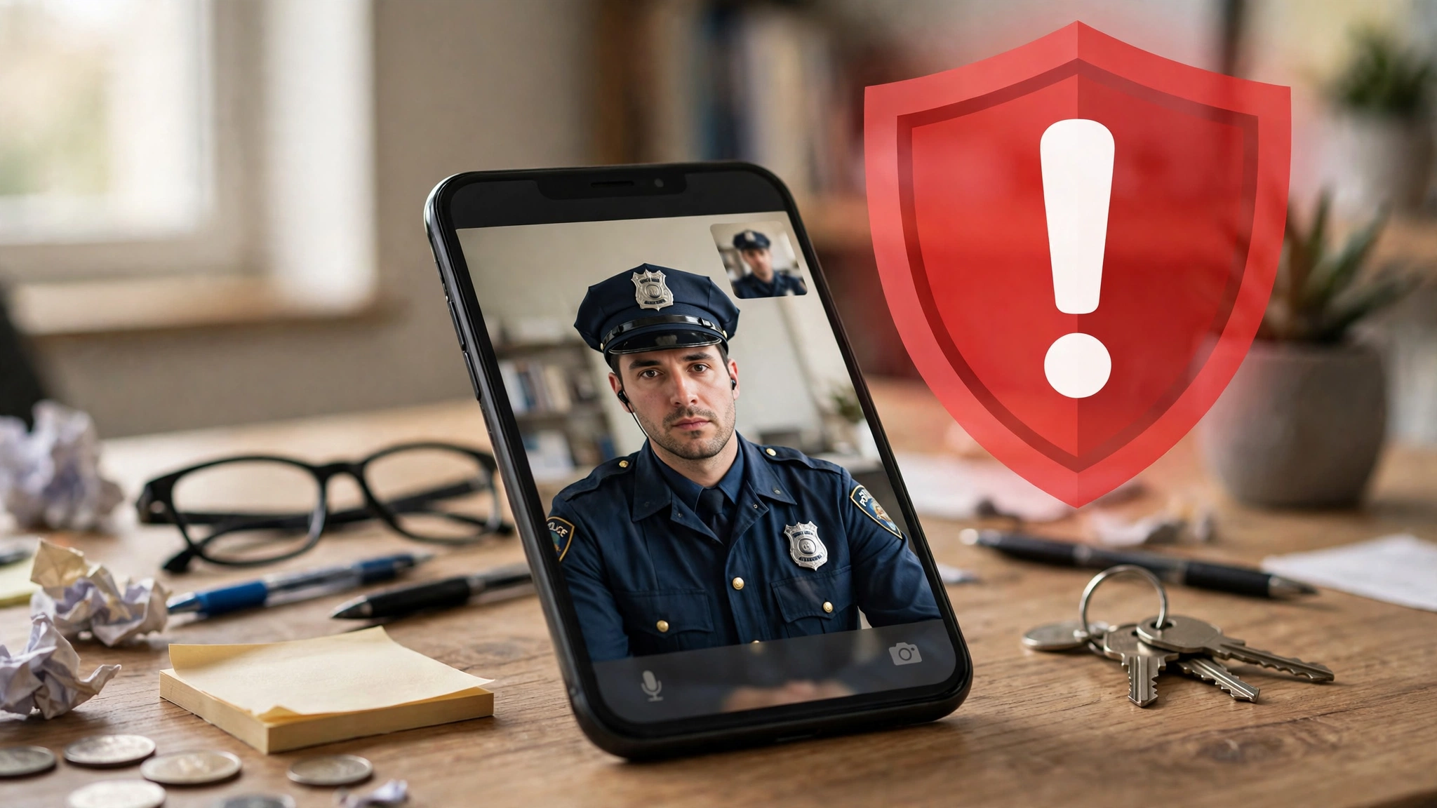 ニセ警察官からの不審なビデオ通話を受けるスマートフォンのイメージ