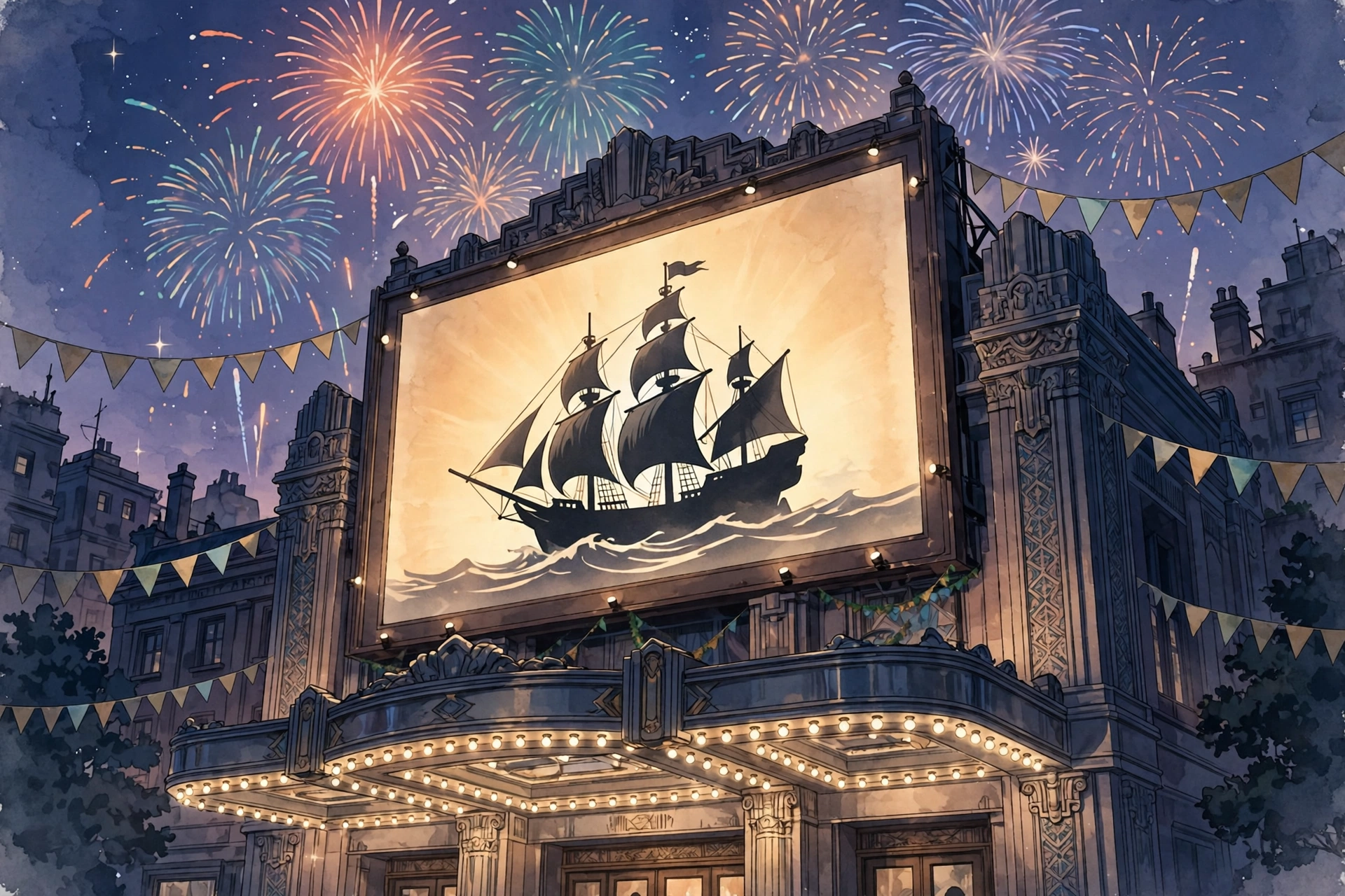 映画館のスクリーンに海賊船のシルエットが映し出される記念上映のイラスト